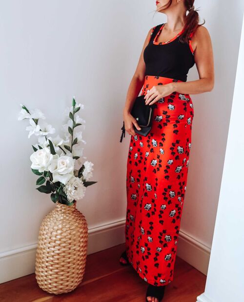 Red Floral Maxi Jersey Skirt