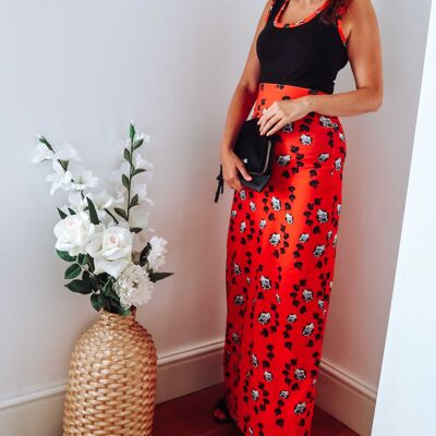 Falda larga de punto con print de flores roja