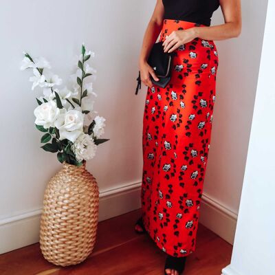 Red Floral Maxi Jersey Skirt