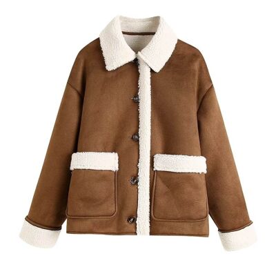 chaqueta de mujer con forro de peluche | marrón | peluche | chaqueta de mujer | cierre de botón
