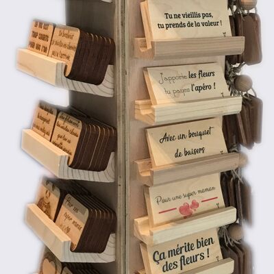 Display of cards, key rings and wooden magnets