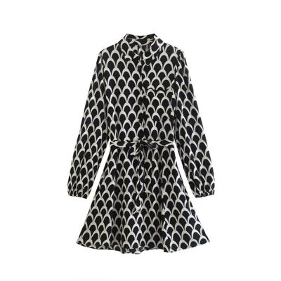 Dames jurk met print | zwart wit | 100% Polyester | met strik detail