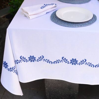 White Tablecloth with Navy Blue Border Medium