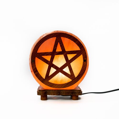 Crafted Himalayan Salt Lamp with Pentagram Wood Carving