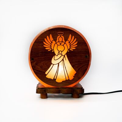 Lampe de sel de l'Himalaya artisanale avec sculpture sur bois d'ange