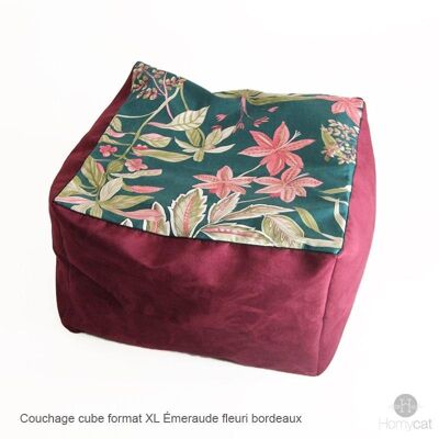 Flowery Emerald Cube Pouf - XL - Burgundy flowery emerald