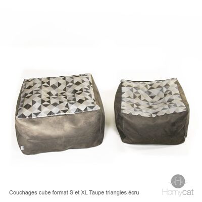 Couchage pouf chat tendance XL -55x55x30cm - Taupe triangles écru