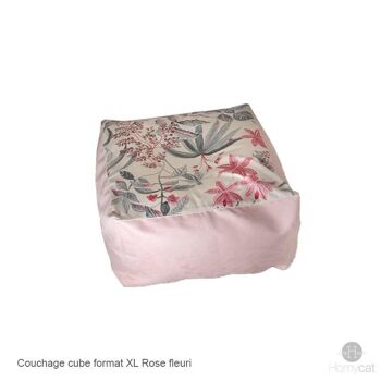 Cube Fleuri Rose - XL - Couchage pouf chat design 55x55x30cm 2