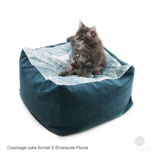 Cube Emeraude Plume - Couchage pouf chat design - S