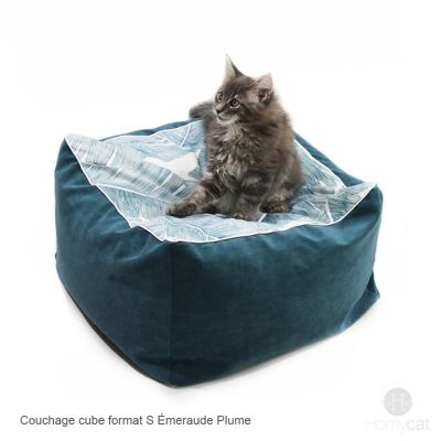 Cube Emeraude Plume - Couchage pouf chat design - S