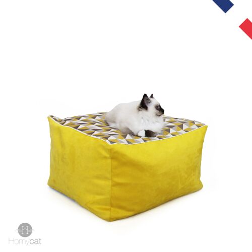Cube triangles jaunes - Couchage pouf chat design - taille S