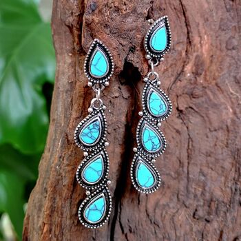 Boucles d'Oreilles Vintage Longue Feuille Turquoise 3