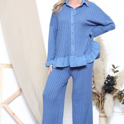 Blue ruffle hem knit rib top and wide leg trousers set