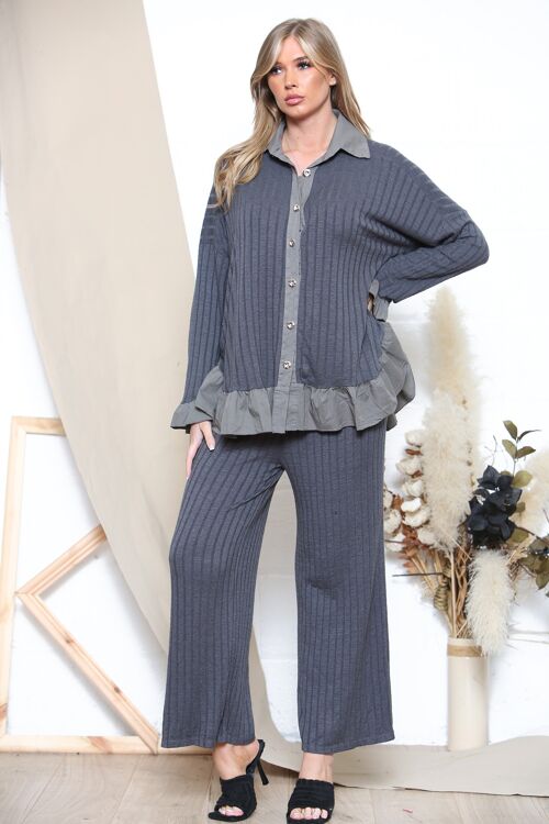 Grey ruffle hem knit rib top and wide leg trousers set