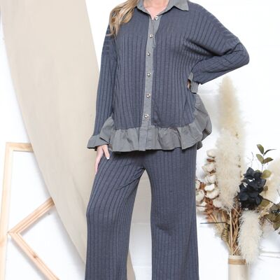 Grey ruffle hem knit rib top and wide leg trousers set