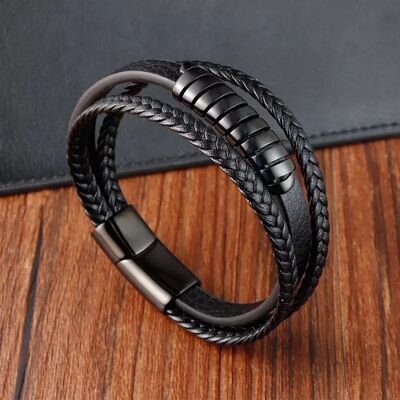 Bracelet homme | bracelet femme | bracelet en cuir noir multicouche tressé avec des éléments en acier inoxydable | longueur 21cm