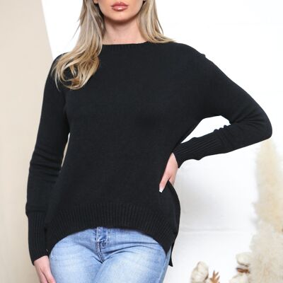 Schwarzer lockerer Pullover mit abgerundetem Saum und geteiltem seitlichem Saum