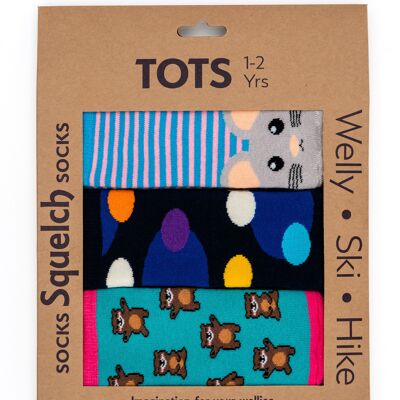 Set mit drei Squelch Tot Welly Socken in einer Geschenkbox 1