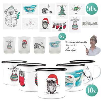 Paquete navideño [Juego navideño] - Tazas esmaltadas - Linternas - Postales de bambú