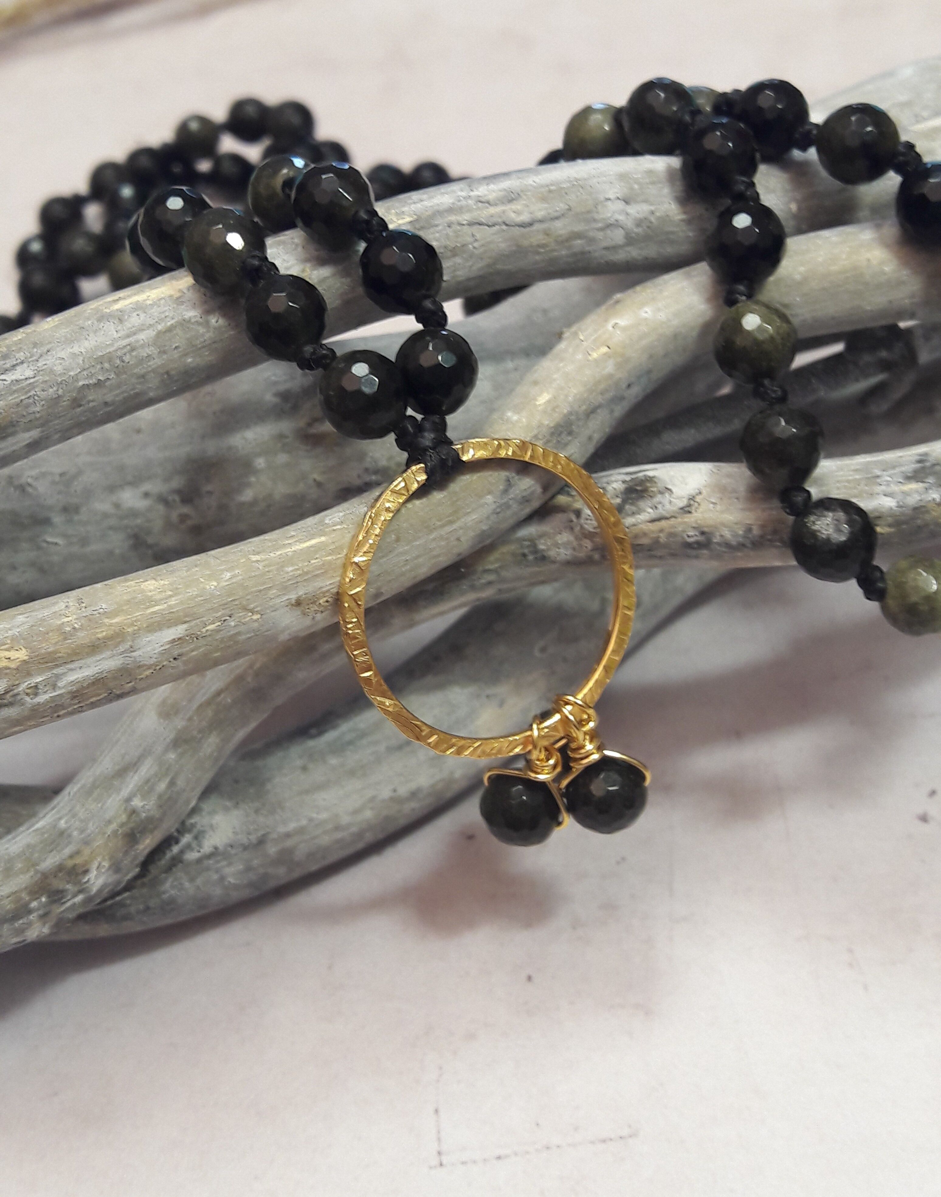 Collana Mala Ossidiana Argento Dorato 925