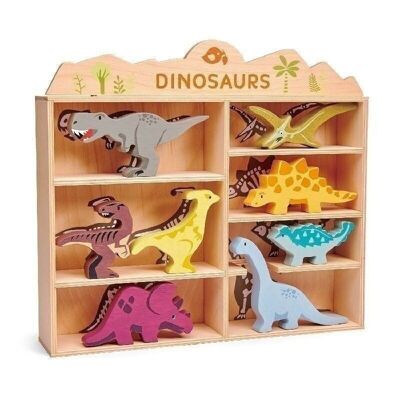 8 dinosauri in legno e ripiano in foglia tenera