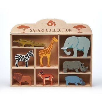 8 animaux de safari en feuille tendre et étagère en bois 1