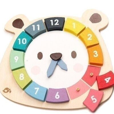Bärenfarben-Uhr aus Holz, zartes Blatt, Zahlenpuzzle