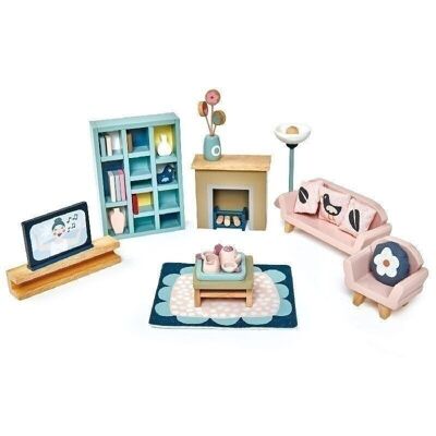 Set di mobili per salotto in legno a foglia tenera per casa delle bambole