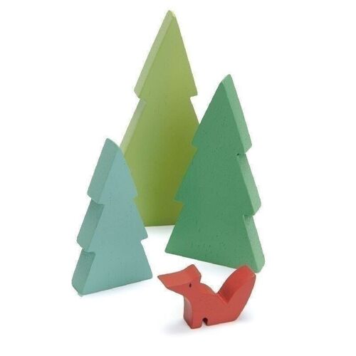 Fir Tops Set of 3 Tender Leaf Wooden Trees and a Baby Fox