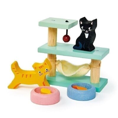 Haustier-Katzen-Set aus Holz, zartes Blatt, Puppenhaus-Zubehör