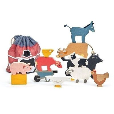 Stacking Farmyard Tender Leaf Wooden Game With Barnyard Style Bag