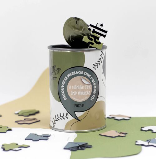 Puzzle surprise “Bonne retraite” – Message de départ en boîte de conserve