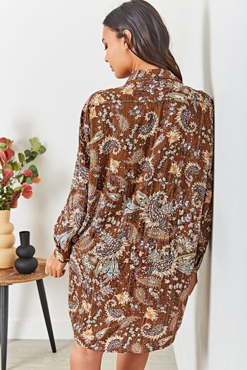 Robe chemise tunique café à imprimé bohémien avec poches invisibles et LUREX 8