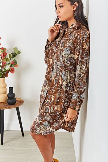 Robe chemise tunique café à imprimé bohémien avec poches invisibles et LUREX 9