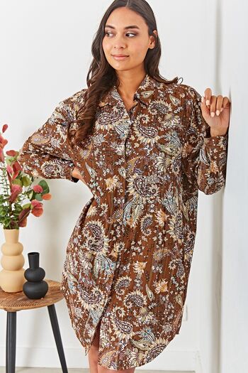 Robe chemise tunique café à imprimé bohémien avec poches invisibles et LUREX 10