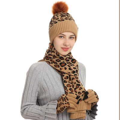Gorro de lana cálido con estampado de leopardo, bufanda, guantes, conjunto de tres piezas