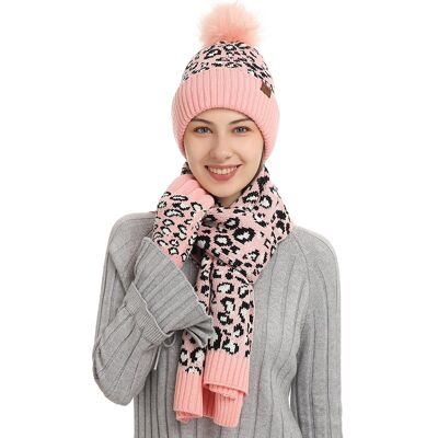 Gorro de lana cálido con estampado de leopardo, bufanda, guantes, conjunto de tres piezas