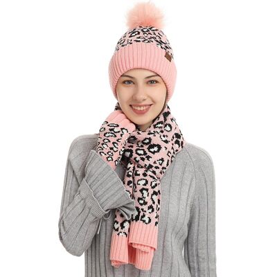 Set di tre pezzi guanti sciarpa cappello di lana caldo stampa leopardo