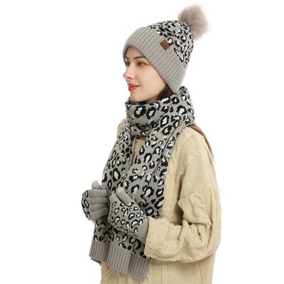Leopard Print Warm Wool Hat Scarf Gloves Three-Piece Set