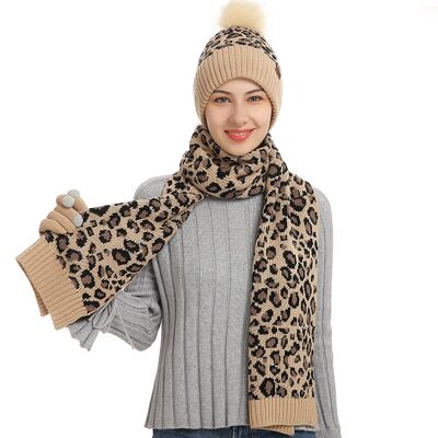 Gorro de lana cálido con estampado de leopardo, bufanda, guantes, conjunto de tres piezas