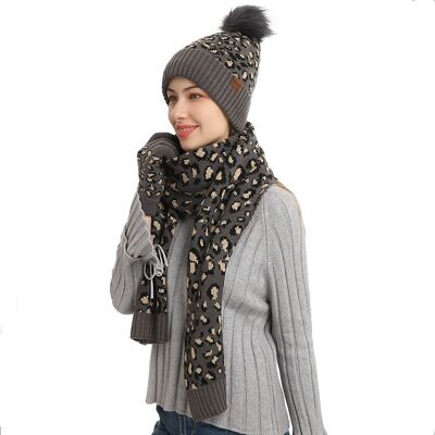 Gorro de lana cálido con estampado de leopardo, bufanda, guantes, conjunto de tres piezas