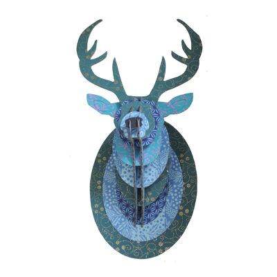Trofeo cervo in cartone testa di cervo decorazione murale blu glitterato