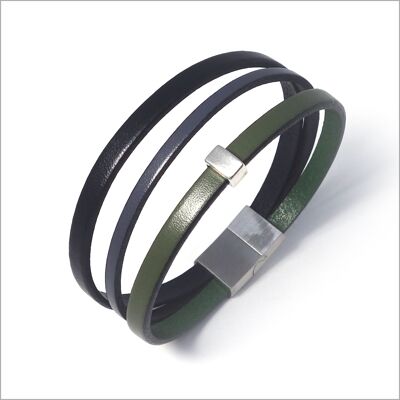 Bracelet homme multi-liens cuirs noir et kaki passant métal