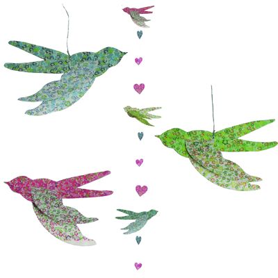 Guirlande oiseaux  motif petites fleurs liberty, rose, bleu et vert tendre, décoration murale