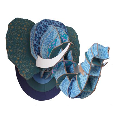 Trophée d'animal en carton 3D tête d'éléphant bleu pailleté