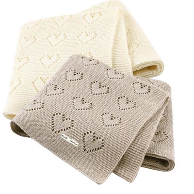 Beige Heart Knitted Blanket