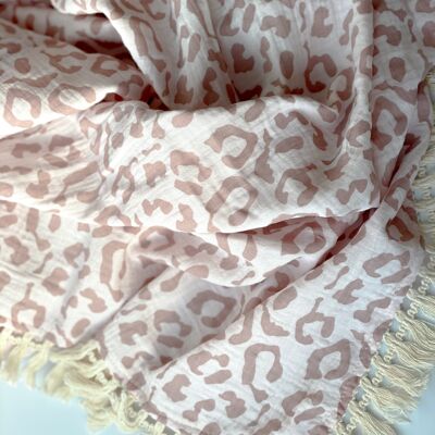 Pinky Beige Leopard Tassel Blanket