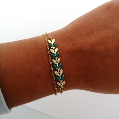 Double Row Bracelet in Gold Stainless Steel with Peacock Blue Epi Chevron Pattern