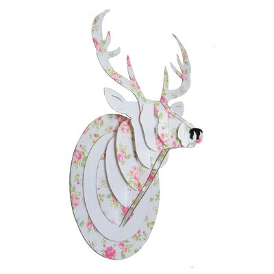 Deer trophy in white shabby cardboard and pink flowers