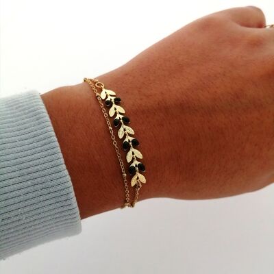 Double Row Bracelet in Gold Stainless Steel with Black Epi Chevron Pattern